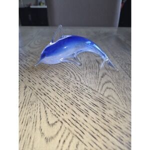 Art Glass Dolphin Figurine Blue White Swirl Hand Blown Sculpture Paperweight